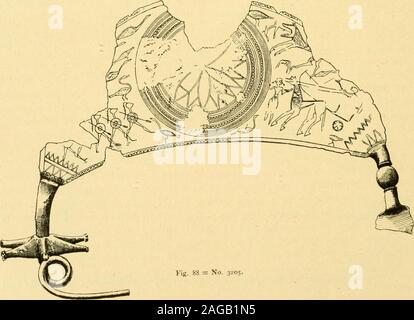. Catalogue of the bronzes, Greek, Roman, and Etruscan, in the Department of Greek and Roman Antiquities, British Museum. APPENDIX. 375 side is nearly all lost, but part of a horse to I. is visible, covered with a saddle-cloth with crenellated border ; in the field are eight birds, all but one to the 1.At the ends are two rows of chevron pattern. {&) (Fig. 88). In the centre, a rosette, as on (a). On the I. are five warriorsadvancing to r., with long-crested helmets, circular shields, and spears ; of the twohinder warriors little remains. Confronting them is a bird, and above are threebirds to Stock Photo