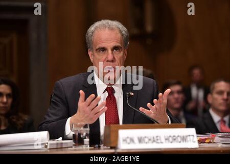 Washington, District of Columbia, USA. 18th Dec, 2019. MICHAEL E. HOROWITZ, Inspector General, United States Department of Justice, testifies before the US Senate Committee on Homeland Security and Governmental Affairs on ''DOJ OIG FISA Report: Methodology, Scope, and Findings'' on Capitol Hill in Washington, DC. Credit: Ron Sachs/CNP/ZUMA Wire/Alamy Live News Stock Photo