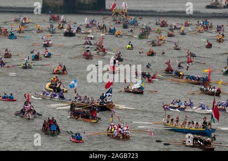 A thousand small boats join the Royal Family for The Pageant on the River Thames in 2012  to celebrate the Diamond Jubilee of Elizabeth II being the 60th anniversary of the accession of Her Majesty  Queen on 6 February 1952. Stock Photo