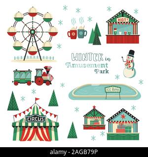 Winter amusement park flat vector icon se Stock Vector