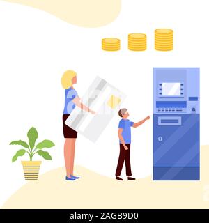 Vector illustration People with bank card near ATM. Cash withdrawal, currency exchange at automated teller machine. Financial transactions using ATM. Stock Vector