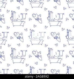 Vector seamless pattern Bath, shower, washcloth, hand, bubbles, towel, hanger on white background. Bathtub. Bathroom set, washing, bathing, cleanlines Stock Vector