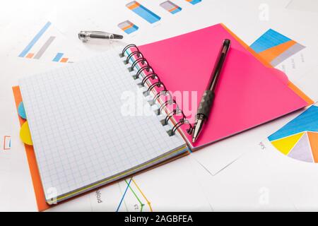Study concept with school notebook, papers and a pen Stock Photo