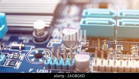 Modern printed circuit board, electronic circuit board, textolite. Background banner. Mother board, macro. Stock Photo