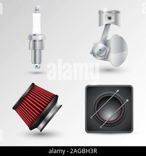 Spark plug, crank mechanism, filter and car subwoofer. Vector illustration Stock Vector