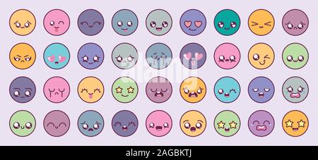 cartoons circles icon set design, Kawaii expression cute character funny and emoticon theme Vector illustration Stock Vector