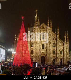 Milan Italy 17 December 2019: Christmas tree lit with low energy consumption bulbs In Piazza del Duomo Stock Photo