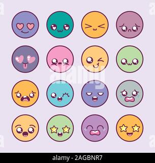 cartoons circles icon set design, Kawaii expression cute character funny and emoticon theme Vector illustration Stock Vector