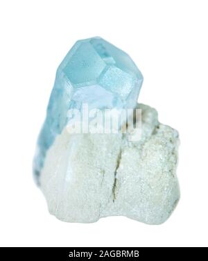 Blue mineral Beryl known as Aquamarine gemstone, in an white albite matrix isolated on a white background Stock Photo