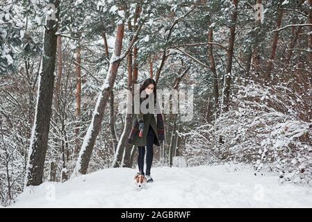 Going straight down the trail. Woman in warm clothes walks the dog in the snowy forest. Front view Stock Photo