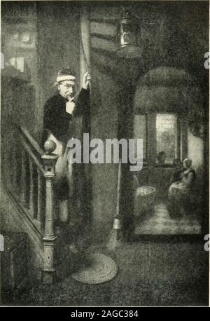 . What pictures to see in America. oom withreflected light, bringing out the values of thered curtains at the window, the newel post andthe lower stair step; then the diffused light en-ters the living room and here the red slipper ofthe woman standing, the flame in the fireplaceand the rich stuffs at the window and on themantel are bright spots of color that brightenand give joy to the scene. Although de Hooch took most of his sub-jects from humble life, he was an aristocratin his manner of painting them. His heartwas full of love for the sunshine of life andhe radiates that love from all his Stock Photo