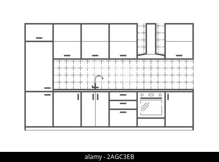 Kitchen furniture front view in linear style. Interior vector illustration Stock Vector