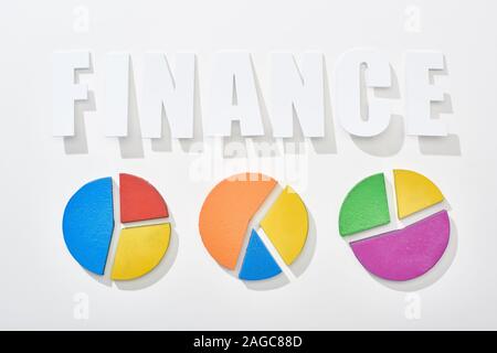 top view of finance inscription near multicolor pie diagrams on white background Stock Photo