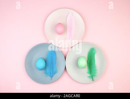 Easter multi-colored eggs and feathers on pink background. Stock Photo