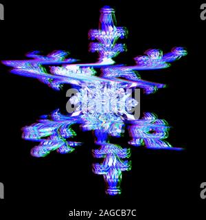 Interlaced snowflake with digital glitch and distortion effect. Futuristic cyberpunk design. Retro futurism, webpunk, disco aesthetic. Neon colors. Stock Photo