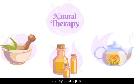 Natural Healthy lifestyle icons set for spa salon. Blooming tea, massage oil, mortar and pestle Herbal organic illustration. Massage wellness beauty care concept. Isolated vector on white background. Stock Vector