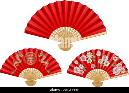 set red chinese fans with decorations Stock Vector
