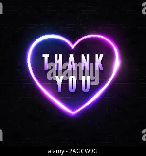 Thank you sign on black brick wall background. Neon realistic text in heart shape 3d border. Advertising banner flyer decoration. Color glowing frame. Stock Vector