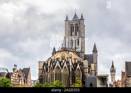 Ghent city historical center with Saint Nicholas cathedral towers, Flemish Region, Belgium Stock Photo