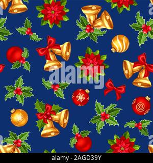 Vector seamless pattern with red and gold Christmas balls, bells, holly and poinsettia on a dark blue background. Stock Vector