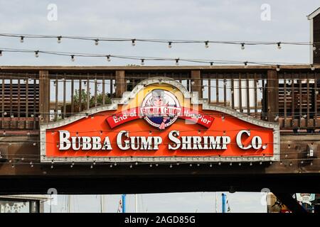 Bubba Gump Shrimp Co. sea food restaurant neon sign at Pier 39 of North Beach in San Francisco, United States of America Stock Photo