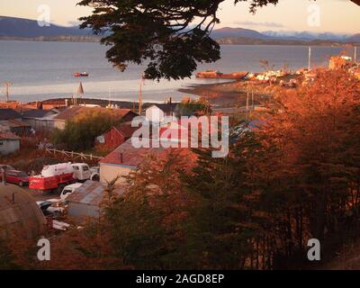 Puerto Williams (Chile), a fishing harbour in the Beagle Channel and also the world' southernmost village Stock Photo