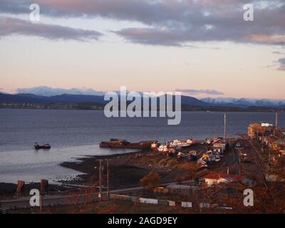 Puerto Williams (Chile), a fishing harbour in the Beagle Channel and also the world' southernmost village Stock Photo