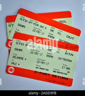 Used off peak day return train tickets Delamere to Hale in uk Stock Photo