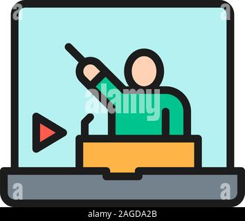 Online video presentation flat color line icon. Isolated on white background Stock Vector