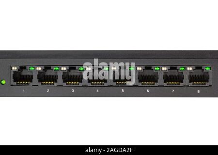 Black switch 8 port gigabit isolated white background device connect network and internet Stock Photo