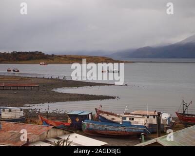 Puerto Williams (Chile), a fishing harbour in the Beagle Channel and also the world' southernmost village Stock Photo