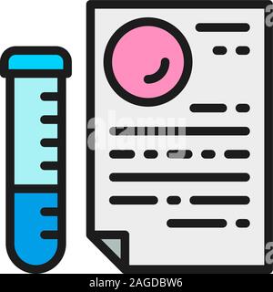 Medical glass tube with document, paternity test result flat color line icon. Stock Vector