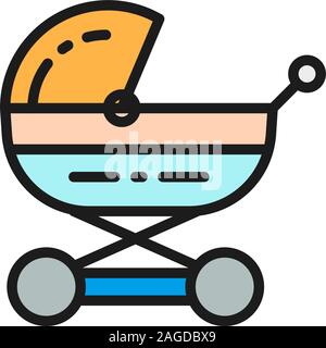 Baby carriage, stroller for newborn, pram flat color line icon. Stock Vector