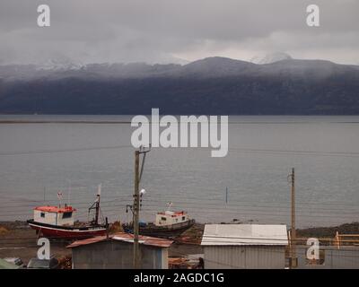 Puerto Williams (Chile), a fishing harbour in the Beagle Channel and also the world' southernmost village Stock Photo