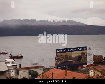 Puerto Williams (Chile), a fishing harbour in the Beagle Channel and also the world' southernmost village Stock Photo