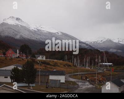 Puerto Williams (Chile), a fishing harbour in the Beagle Channel and also the world' southernmost village Stock Photo