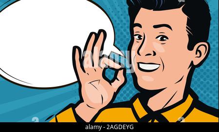 Successful businessman or man shows hand gesture excellent. Vector illustration in style comic pop art Stock Vector