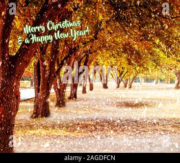 Illustration of trees and snowflakes falling down with a Merry Christmas and a Happy New Year text Stock Photo