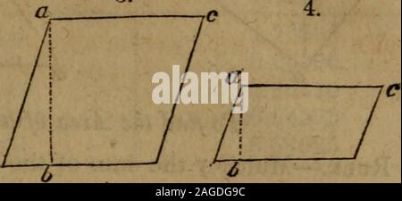 . Haswell's engineers' and mechanics' pocket-book ... OF FOUR-SIDED FIGURES2. a ?. To find the Area of a four-sided Figure, v)hether it be a Square, Paral-lelogram, Rhombus, or a Rhomboid.Rule.—Multiply the length by the breadth or perpendicular height,and the product will be the area. OF TRIANGLES. To find the Area of a Triangle^figs. 5 and 6, r c 6. Stock Photo