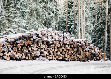 large pile of logs on the side of a road covered in snow in Sweden Stock Photo