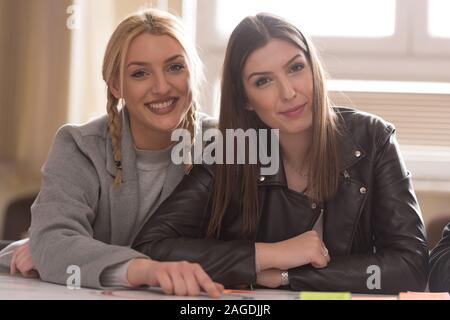 Two young female talented designers looking at innovative project suggesting creative solution to client, brainstorming for ideas. Looking and smiling Stock Photo