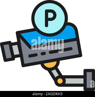 Parking security camera, surveillance system flat color line icon. Stock Vector