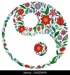 Hand drawn ornate flower in the crown of leaves with Yin and yang Tao symbol. Isolated Vector illustration. Invitation element. Tattoo, astrology, alc Stock Vector