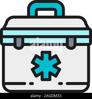 First aid kit, paramedic bag flat color line icon. Stock Vector