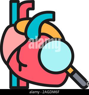 Loupe with heart, heart check flat color line icon. Stock Vector