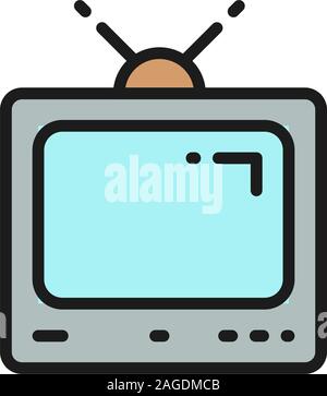 Old tv set, vintage television with antenna flat color line icon. Stock Vector