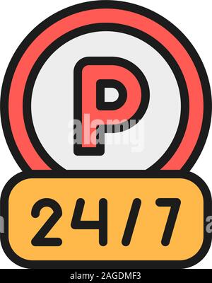 Vector around the clock parking flat color line icon. Stock Vector