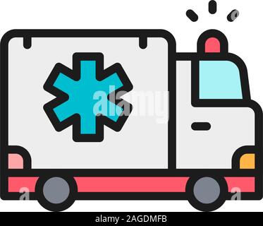 Ambulance car, emergency medical truck flat color line icon. Stock Vector