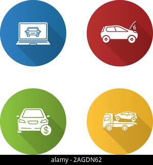 Auto workshop flat design long shadow glyph icons set. Computer diagnostics, broken car, automobile buying, tow truck. Vector silhouette illustration Stock Vector