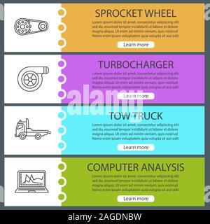 Auto workshop web banner templates set. Website color menu items with linear icons. Spocket wheel, turbocharger, tow truck, computer analysis. Vector Stock Vector